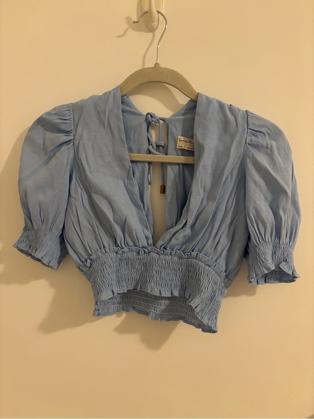 Smocked Light Blue V-Neck Puff Sleeve Crop Top
